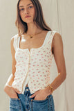 Ribbed Cotton Button-Front Picot Trim Tank: PINK FL / S-2/M-2/L-2