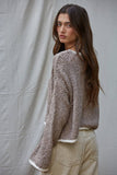 W1919 | Knit Sweater Pullover Top With Contrast Hems Detail: Mocha Ivory / M
