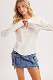 CROCHET PATCH SLEEVED HALF BUTTON ROUND NECK TOP: MUSHROOM / L