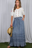 Ruffle Frayed Hem Chambray Casual Western Maxi Skirt VS83151: Washed Denim / M