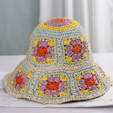 Granny Square Sun Hat Floral Straw Bucket Hat: CYellow / M