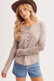 CROCHET PATCH SLEEVED HALF BUTTON ROUND NECK TOP: IVORY / S