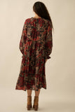 Floral-Print Tiered Ruffle Long-Sleeve Midi Dress: RETRO BLUE / M