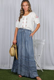 Ruffle Frayed Hem Chambray Casual Western Maxi Skirt VS83151: Washed Denim / M