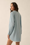 Banded V-Neck Solid Denim Mini Dress: LIGHT CHAMBRAY / M