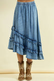 ASYMMETRICAL RUFFLE MIDI SKIRT - 6606S: DENIM / M