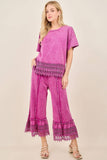 Mineral Washed Delicate lace trim hem Cropped Pants HP7236: HotCocoa / S-M-L / 2-2-2