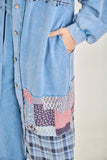 Mineral Washed Boho Plaid Patched Long Fall Jacket HT6861: Charcoal / S-M-L / 2-2-2