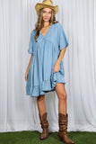 V-Neck 100%Tencel Chambray Tiered Dress VD81038A: Light Denim / L