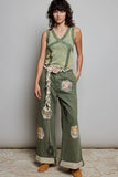Floral Patchwork Rolled-up Denim Straight Pants: DENIM / L