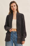 MINERAL-WASHED OPEN FRONT COTTON SWEATER CARDIGAN: ANTIQUE WINE / M