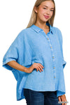 Washed Double Gauze Button Down Half Sleeve Shirt: DUSTY TEAL / 3-3 (S/M-L/XL)