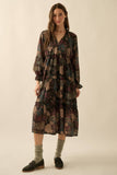 Floral-Print Tiered Ruffle Long-Sleeve Midi Dress: RETRO BLUE / L
