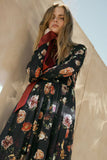 Floral-Print Mesh Smocked Long-Sleeve Maxi Dress: BLACK / L