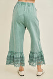 Mineral Washed Delicate lace trim hem Cropped Pants HP7236: MossGreen / S-M-L / 2-2-2
