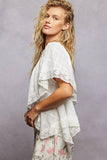 Lace Trim V Ruffle Detail Textured Woven Short Sleeve Top: OFF WHITE / L