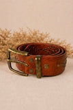 Wide brown leather belt with studs