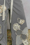 Floral Embroidered Patches Butterfly Patchwork Woven Pants: BLACK STRIPED MULTI / S