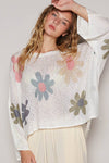 V-neck colorful flower print light weight sweater SALE: IVORY / S