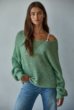 W1106 | Sweater Knit Crochet Round Neck Long Sleeve Top: Jade Green / Small