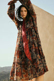 Floral-Print Tiered Ruffle Long-Sleeve Midi Dress: RETRO BLUE / S