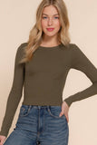 Long Sleeve Round Neck Cotton Spandex Rib Tee: OLV-olive / L