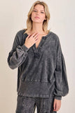 Mineral Washed Ribbed Vneck Bishop sleeve blouse HT5042P1: HotCocoa / S-M-L / 2-2-2