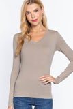 Basic Solid Long Sleeve V Neck Top: DEEP JUNGLE / 2-2-2 (S-M-L)