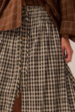 Woven Plaid Button-Front Ruffle-Hem Drawstring Maxi Skirt: Chocolate / S