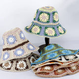 Granny Square Sun Hat Floral Straw Bucket Hat: CYellow / M