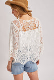 BOHO SHEER CROCHET 3/4 SLEEVED TOP WITH NO LINING: NATURAL / M