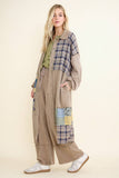 Mineral Washed Boho Plaid Patched Long Fall Jacket HT6861: Chocolate / S-M-L / 2-2-2