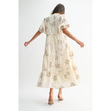 FLORAL EMBROIDERED MAXI DRESS: CREAM/MOCHA / S-M-L(3-2-1)