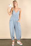 NP70837-Mineral Washed Cotton Gauze Casual Jumpsuit: BLACK / S-M-L/2-2-2
