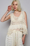 Round neck ruffle embroidered eyelet crochet top: NATURAL / Os
