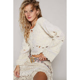 Cropped long sleeve solid crochet top: NATURAL / OS