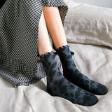 Vintage Embossed Floral Ruffle Cuff Mid Calf Socks: Yellow / M