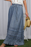 Ruffle Frayed Hem Chambray Casual Western Maxi Skirt VS83151: Washed Denim / L