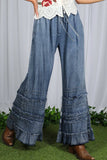 Flared Ruffle Hem Washed Chambray Crop Denim Pants VP83039: Washed Denim / M