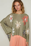 V-neck colorful flower print light weight sweater SALE: CHARCOAL / L