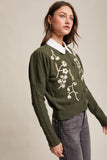 Floral Embroidered Puff Sleeve Cardigan: Tiramisu / S