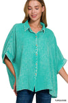 Washed Double Gauze Button Down Half Sleeve Shirt: DUSTY TEAL / 3-3 (S/M-L/XL)