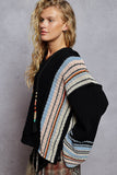 V neck striped pattern pocket detail chenille hoodie sweater: ALMOND / L