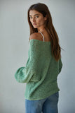 W1106 | Sweater Knit Crochet Round Neck Long Sleeve Top: Jade Green / Large
