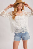 BOHO SHEER CROCHET 3/4 SLEEVED TOP WITH NO LINING: NATURAL / L