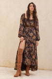 Floral Button-Front Tiered Ruffle Maxi Dress: Black / L