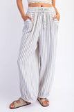 STRIPE SOFT WASH LINEN BLENDED PANTS: Black/Natural / S-M-L(2-2-2)