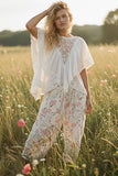 Lace Trim V Ruffle Detail Textured Woven Short Sleeve Top: ALMOND / S