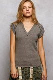 Vintage Wash V Neck Cotton Slim Fit Tee Top: OATMEAL / L