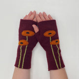 Fingerless Cashmere Gloves-Oval Poppy: Orange on Maroon / One Size Fits Most